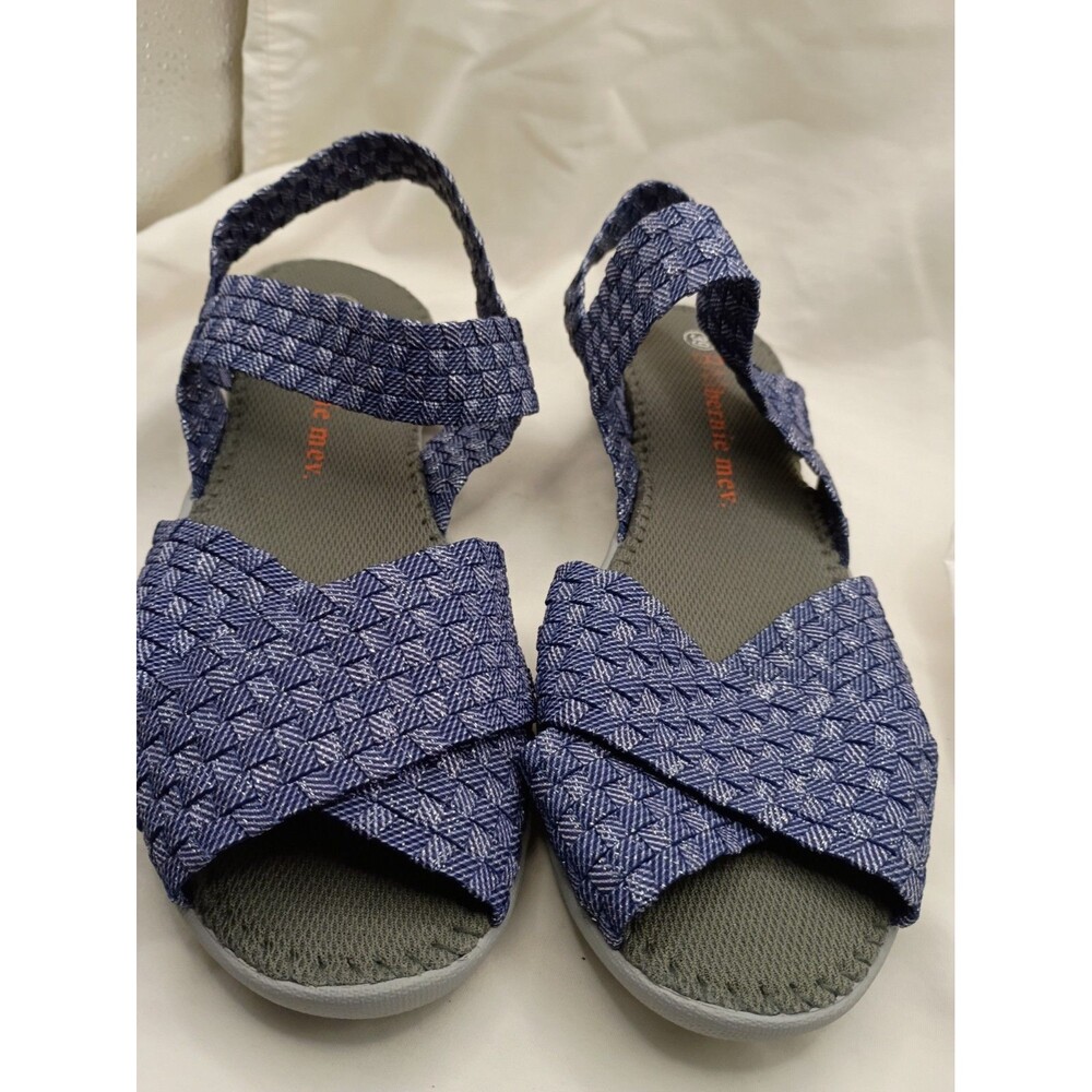 Bernie Mev women's woven elastic criss-cross sandals in a blue  shimmer pattern